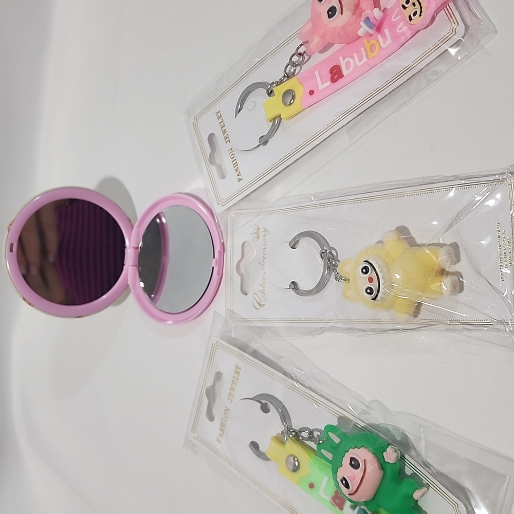 Labubu Monsters Keychain Bundle Gift Set With Mirror- Green, Yellow, Pink New